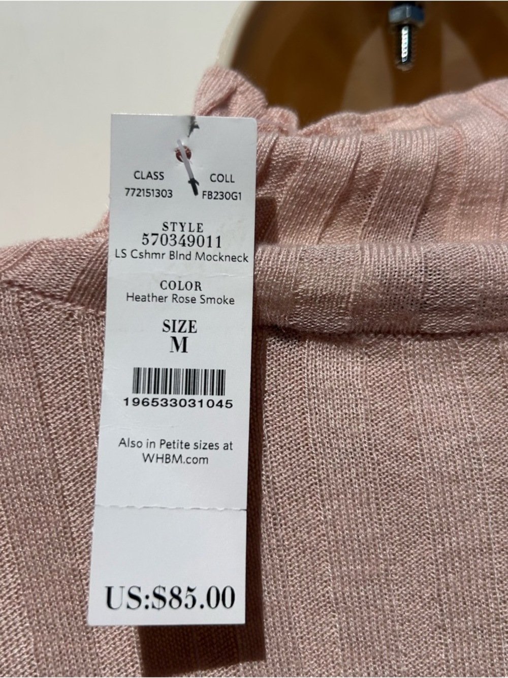 White House Black Market Lightweight Ribbed Cashmere Blend Rose Mockneck MED NWT - Picture 7 of 12